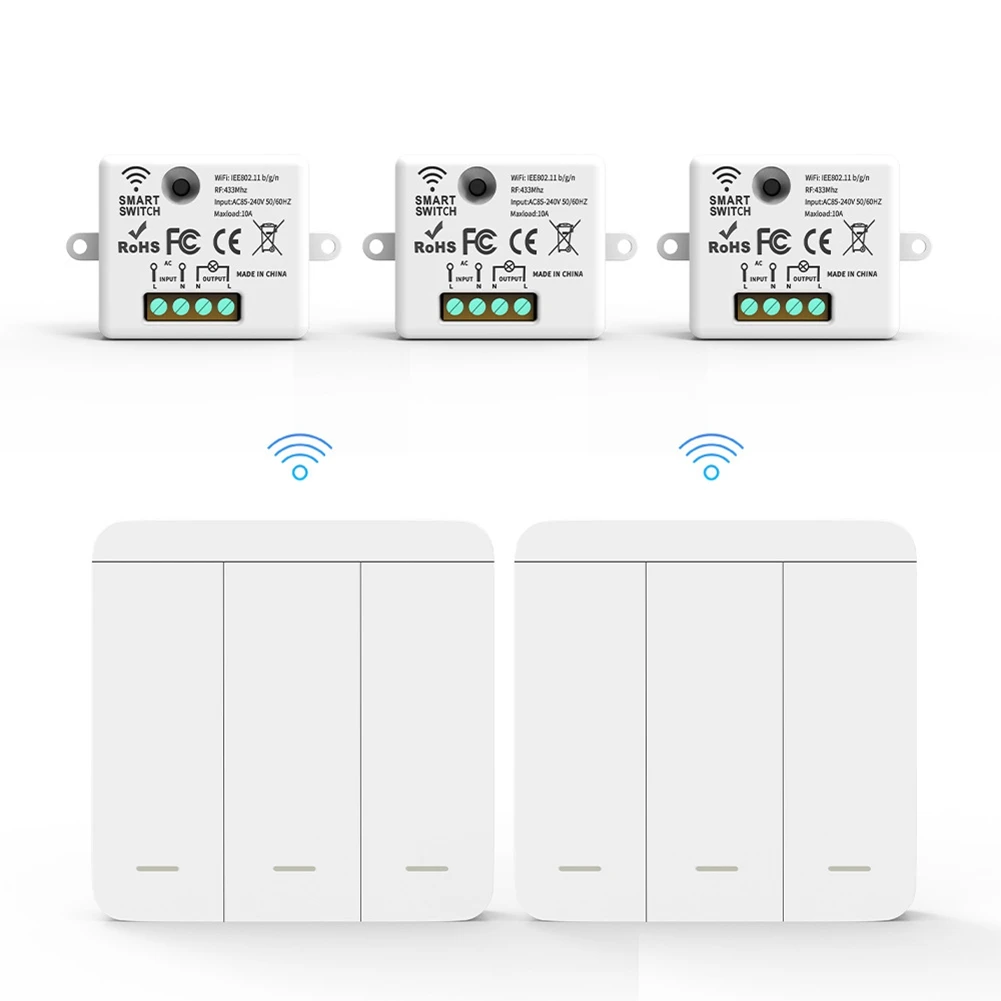 abvo-3pcs-ワイヤレスライトウォールスイッチ-rf-433mhz-リレー受信機、2x-3連パネルスイッチ-ledリモコン付き、ledランプ用