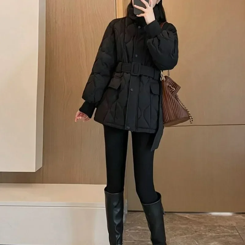 Stand Neck Plaid Design Sense Parkas Single-breasted Lace Up Slim Waist Puffer Jacket 2023 Autumn Winter New All-match Coats