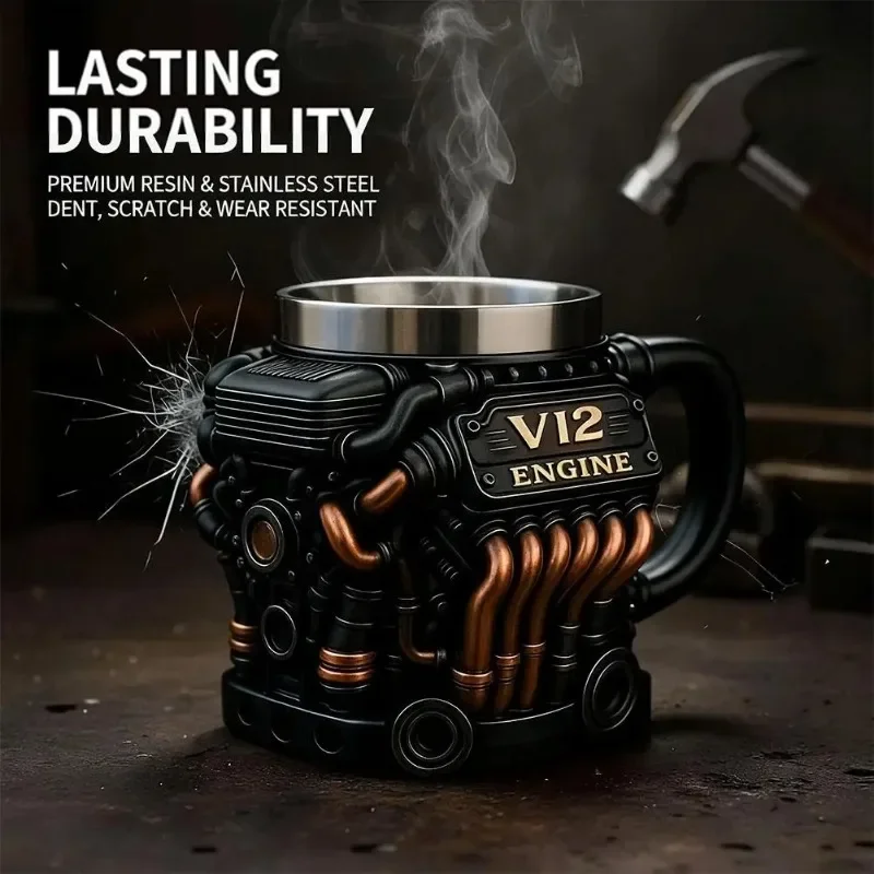 Handmade Stainless Steel Coffee Cup V12 Engine Design 3D Tea Mug for Car Enthusiasts Unique Office Home Gift