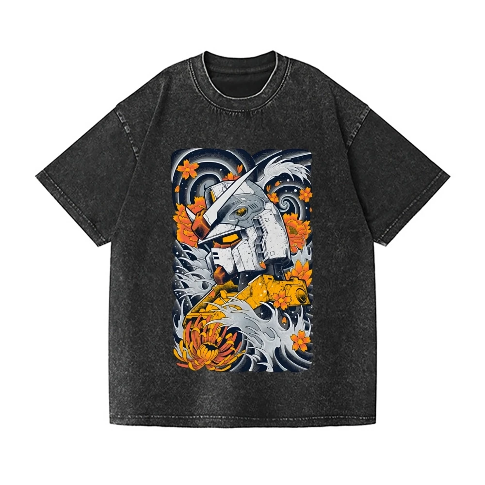 

Gundam RX-78-2 T Shirt Men Vintage Acid Wash Ukiyo-e Wave Flower Mecha Streetwear Oversized Retro Mobile Suit Japanese Art Tees