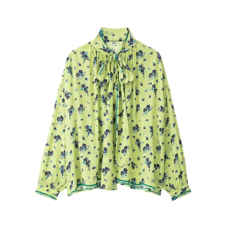 Women's Printed Midi Skirts Set New 2026 Autumn High Neck Loose Shirt with Bow Elastic Waist Skirt Two Piece Set Women Outfit
