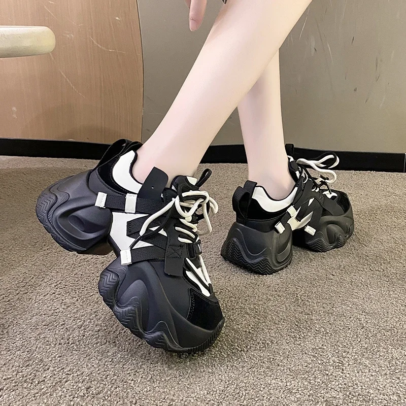 Sepatu kasual Platform wanita, SNEAKER KULIT latihan sol tebal 7CM, sepatu ayah Chunky bernafas musim gugur 2023