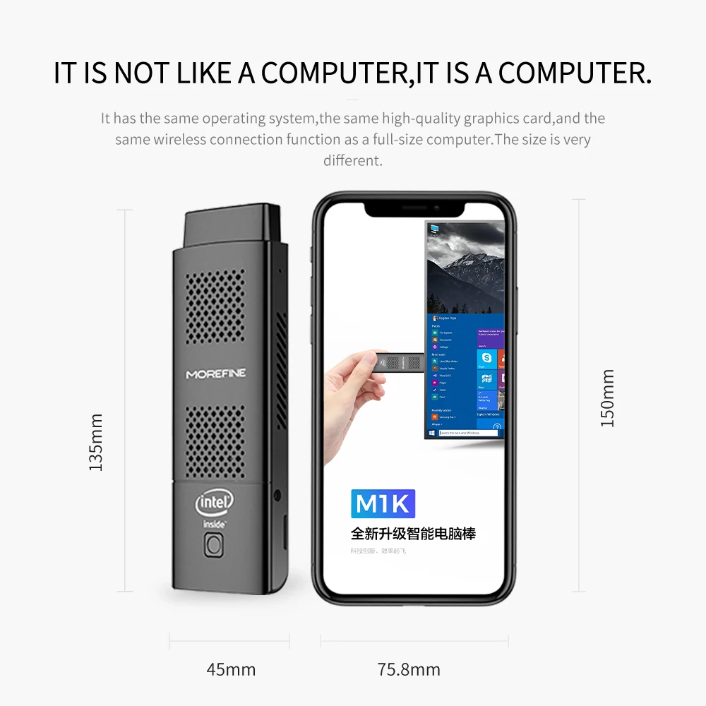 MOREFINE M1K Intel N5000 Pocket PC Win 11 LPDDR4 8GB 128GB/256GB SSD WIFI5 BT4.2 Intel UHD Graphics 4K HD Display Mini PC Stick