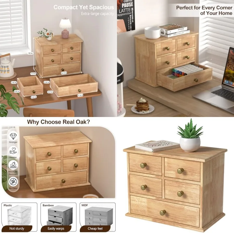 

Oak Desk Organizer with Drawers, Wooden Desktop Storage Box with Metal Handles and Non-Slip Silicone Pads, 5 Drawer Tabletop Or