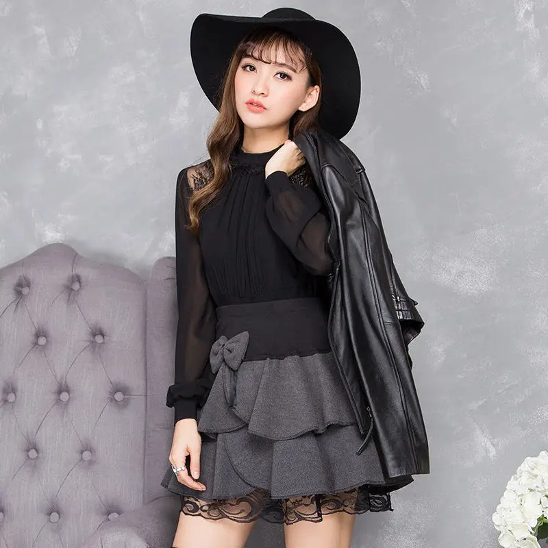 New Half-length Skirt, Bow Tie, High-waisted Woolen Lace Skirt, A-line Puffy Half-length Cake Skirt for Women