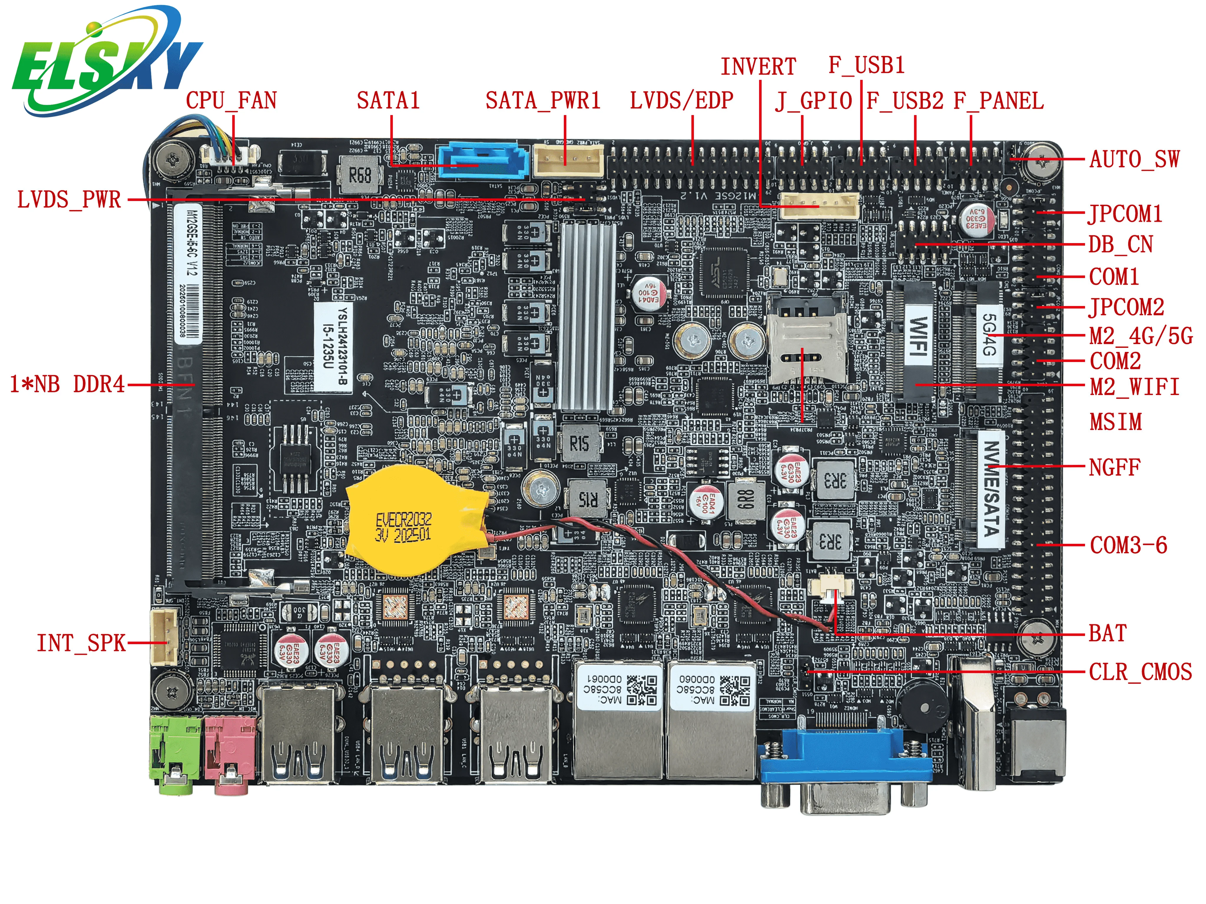 New ELSKY 12th/13th Gen  CPU 32GB NB-DDR4 Single Channel 2.5G LAN M12GSE 4-inch Industrial Motherboard M.2 NVMe SATA IoT