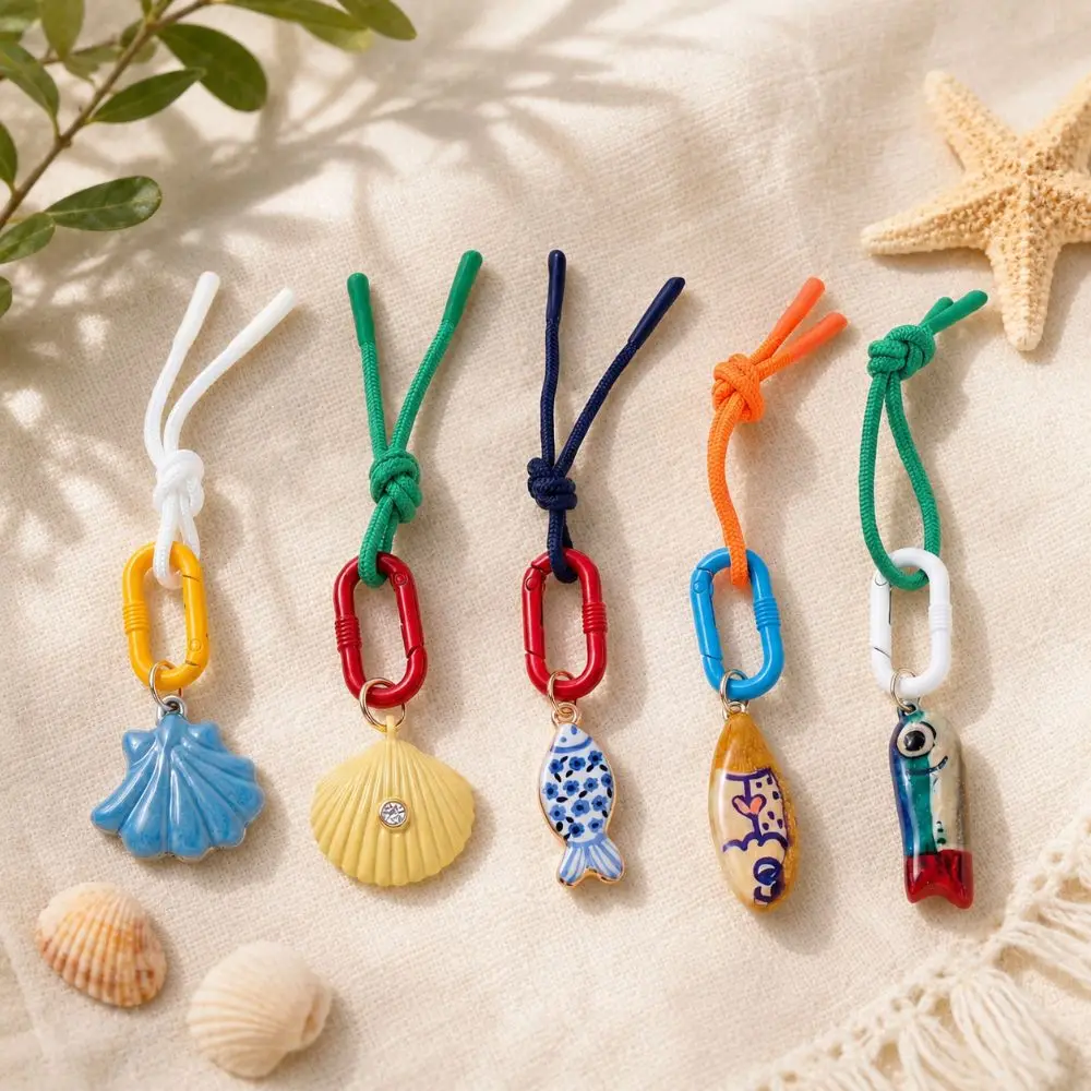 Stainless Steel Keychain Pendant Rope Woven Acrylic Bag Chain Charms Shell Fish Pendant Retro Mobile Phone Pendant Beach Style