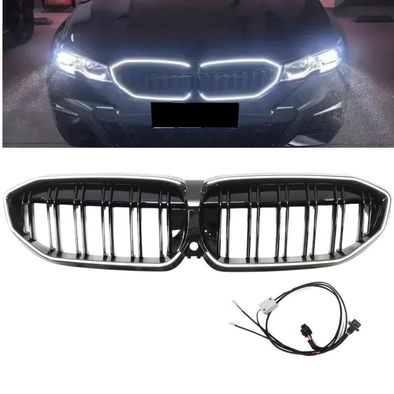 

for G20 3 Series LED Illuminated Grille 2019-2022 Double Line Gloss Black Front Bumper Upgrade Car Parts Front Center Grille