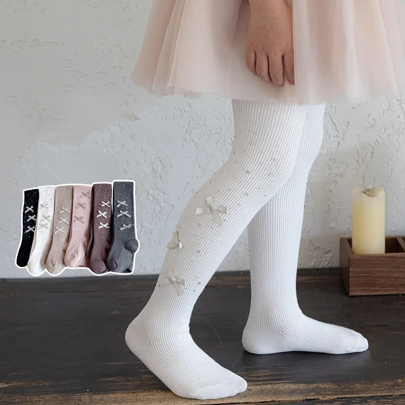 0 To 9 Years Old Kids Pantyhose Bow Baby Tights Spring Autumn Medium Thickness Combed Cotton Tights For Girls