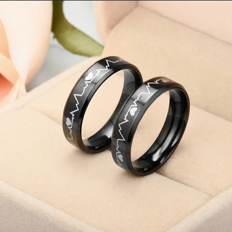 Fashion Titanium Steel ECG Love Couple Ring Korean Simple Trend Youth Boy Girl Heart Rings Jewelry Accessories Gifts