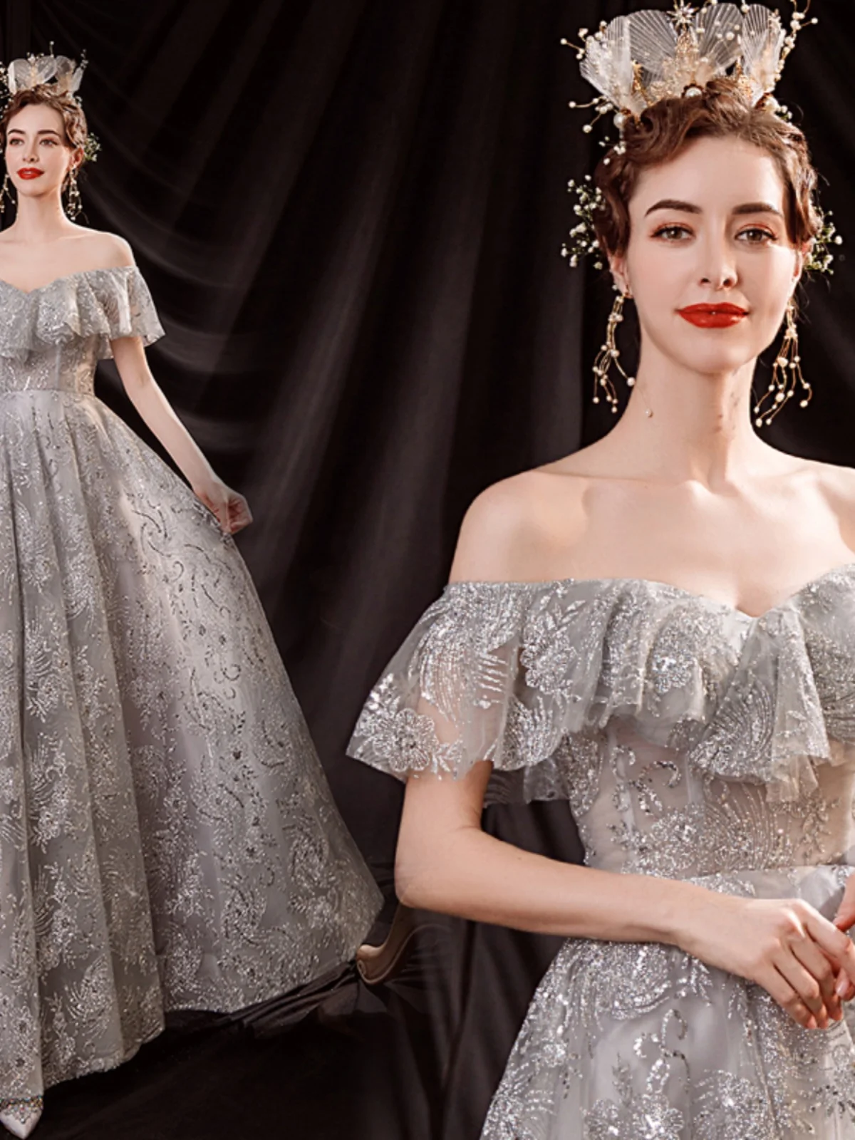 

Silver Evening Gown Wedding Dr Faion ow Stage Performance Piano owcase Ball Costume Angel Bride Sexy Strapl Ball ...