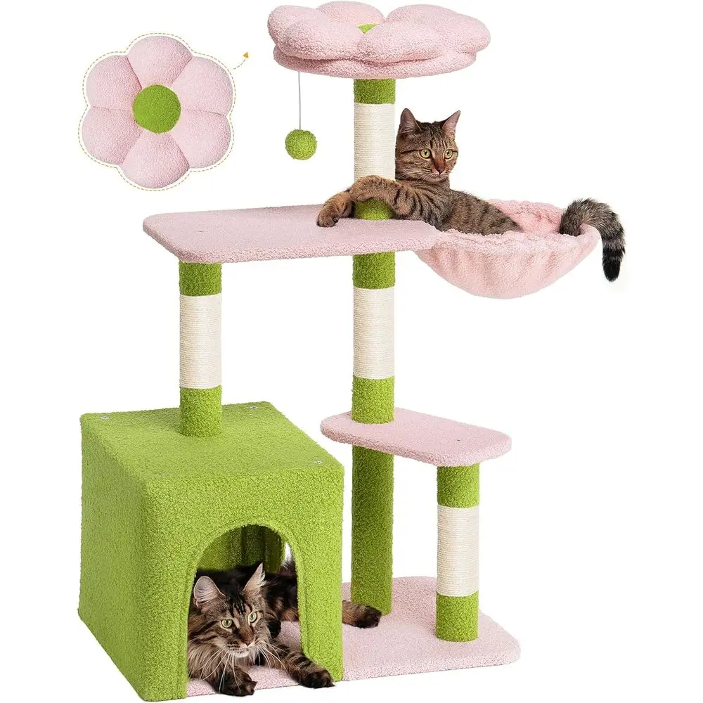 

2-Door Large Cat Condo Cave Bed, 41.2 Cat Tower with Scratching Posts, Cozy Perch and Hammock for Big Adult Cats, Green Pink