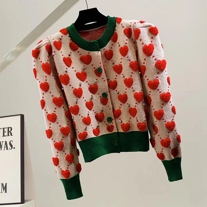 

Vintage Beading Knitted Cardigan Women Puff Sleeve Heart Pattern Women's Sweater Coat Autumn Winter Jacket