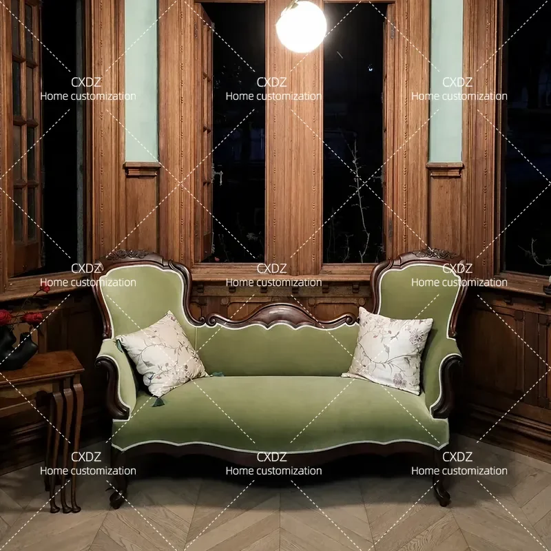 Retro Solid Wood Carved Flower Double Sofa Casual Antique Furniture for Restaurant Studio Model Room