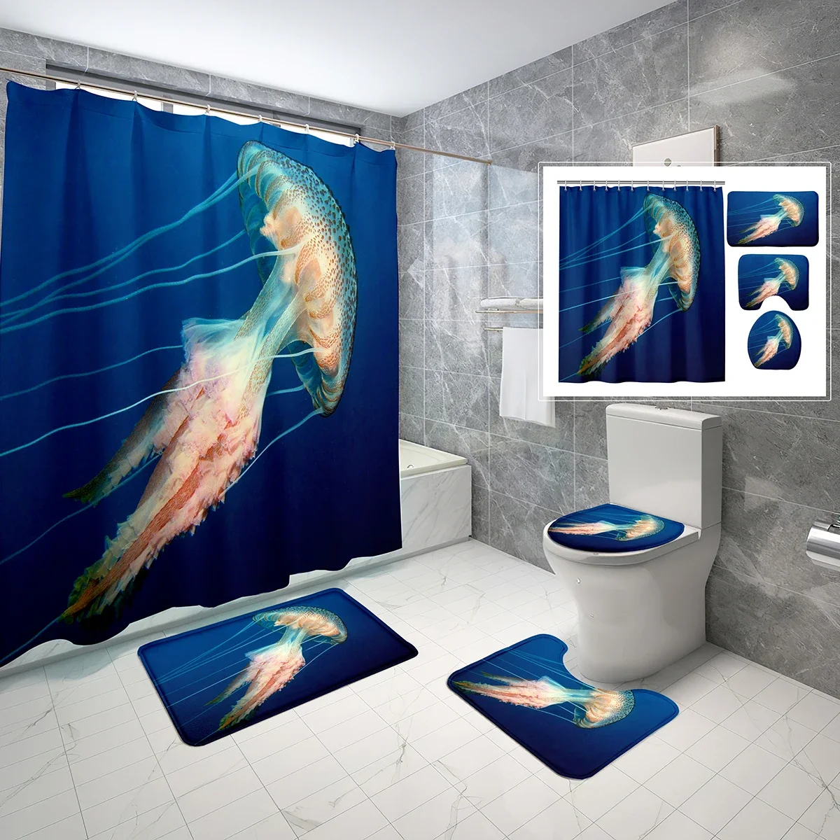 

Shower Curtain Set Jellyfish In The Deep Ocean 4 Pcs Shower Curtain Bathroom Non-Slip Bath Mat Toilet Cover Shower Curtain Set