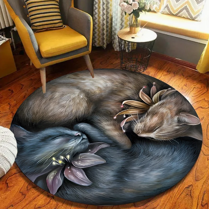Whimsical Wolf Couple Round Area Rug, Green Leaf Wreath Print Carpet, Non-Slip Bedroom Floor Mat, Rustic Cabin Home Decor