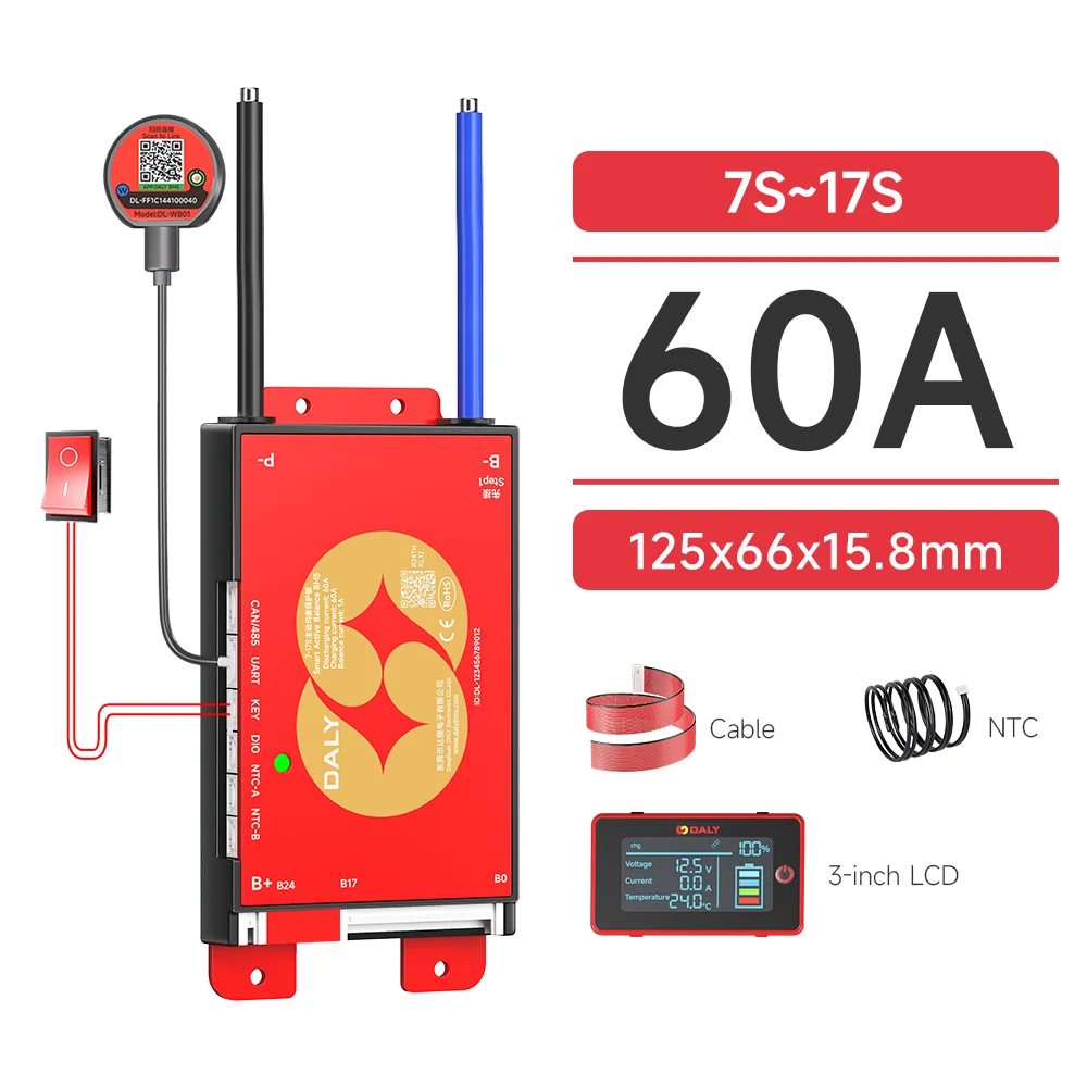 DALY Smart BMS 4S 8S 16S 40A 60A 100A 150A 200A 12V 24V 48V LiFePo4 1A Actieve Balancer BMS met LCD RS485 UART WIFI KEY