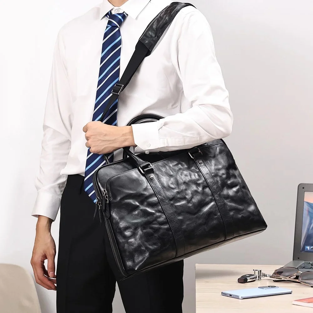 Genuine Leather Men's Briefcase 15.6" Laptop  Business Office Messenger Bag Vintage Handbag for Document Shoulder Bags