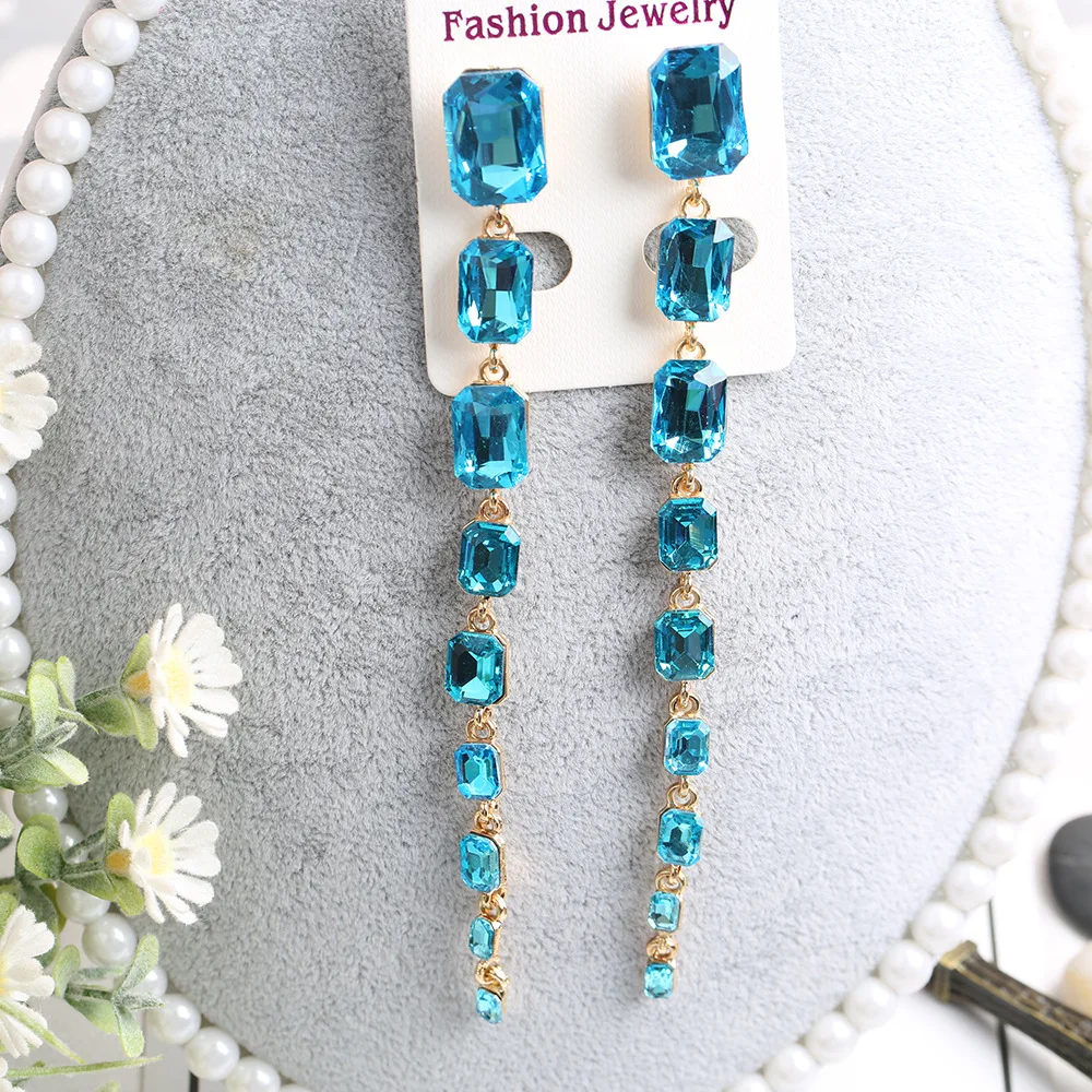 Prom Party Jewelry Women's Fashion Accessories Gold Color Long Blue Gems AB Crystal Rhinestone Hanging Drop Earrings for Women