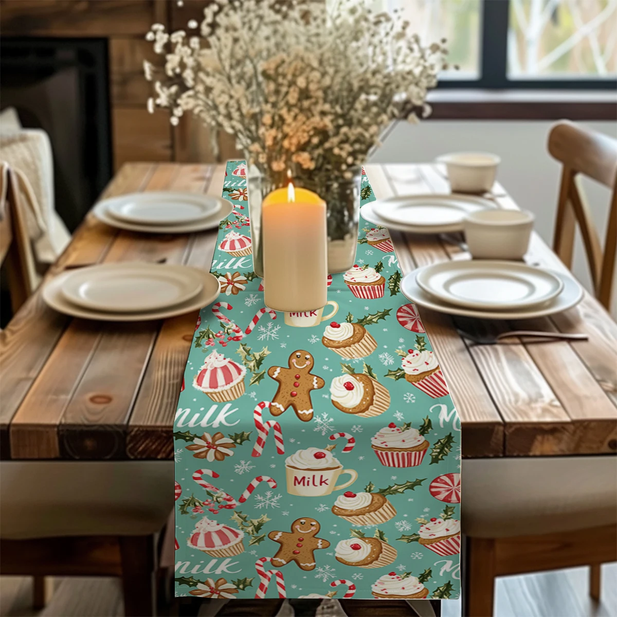 Christmas Gingerbread Man Table Runners Party Table Decor Farmhouse Dining Table Runner Decorations Washable Dining Long Cloth