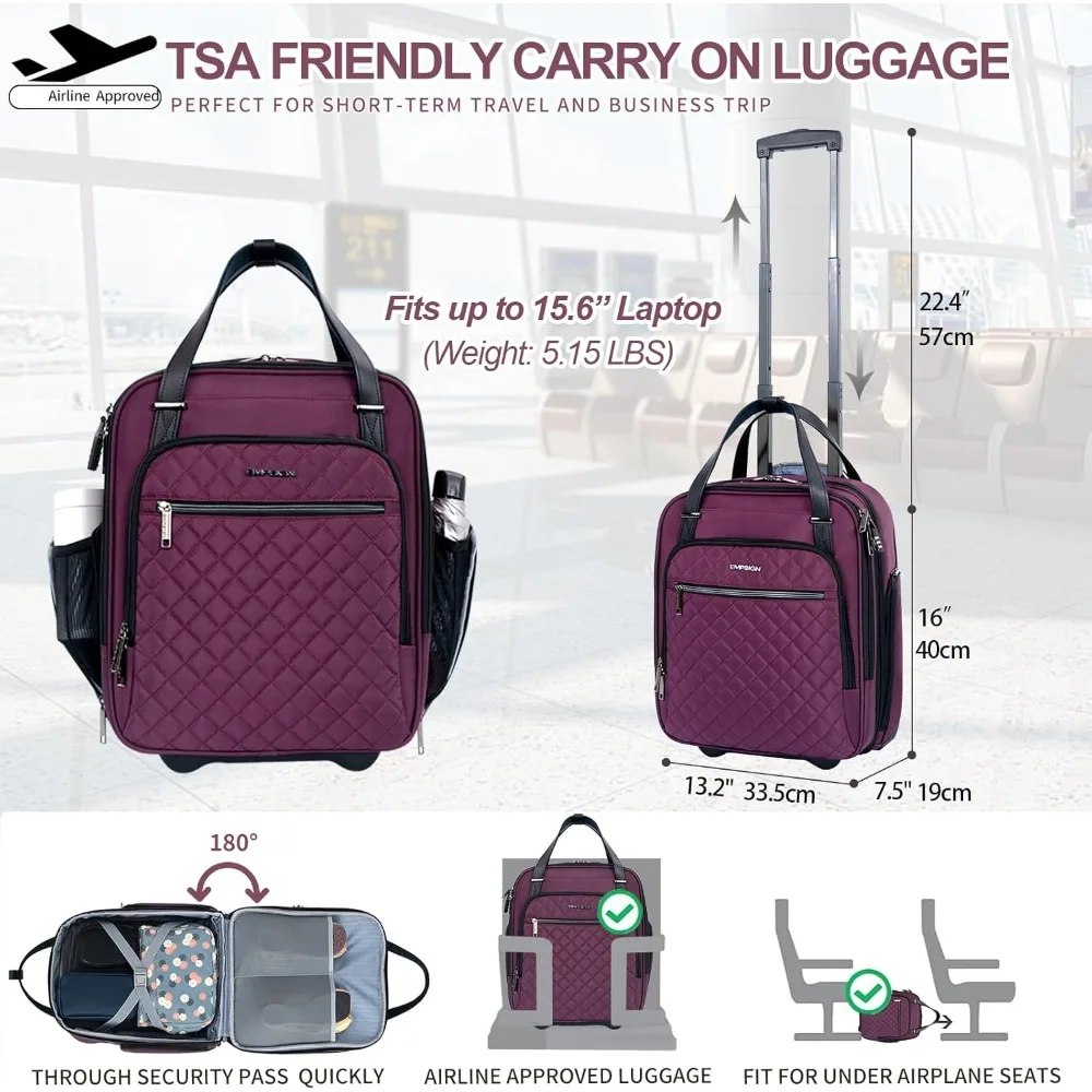 Lightweight Multi-functional Rolling Carry-On Bag with Wheels - 16 Weekender for Overnight Travel Needs