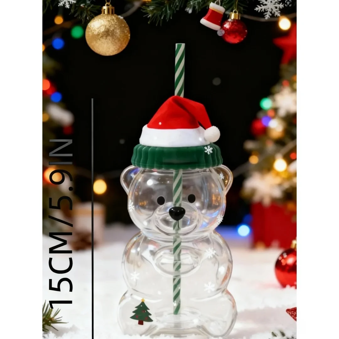 

Hot selling Christmas cute bear green lid striped straw glass cup, coffee and tea beverage cup, children's Christmas gift