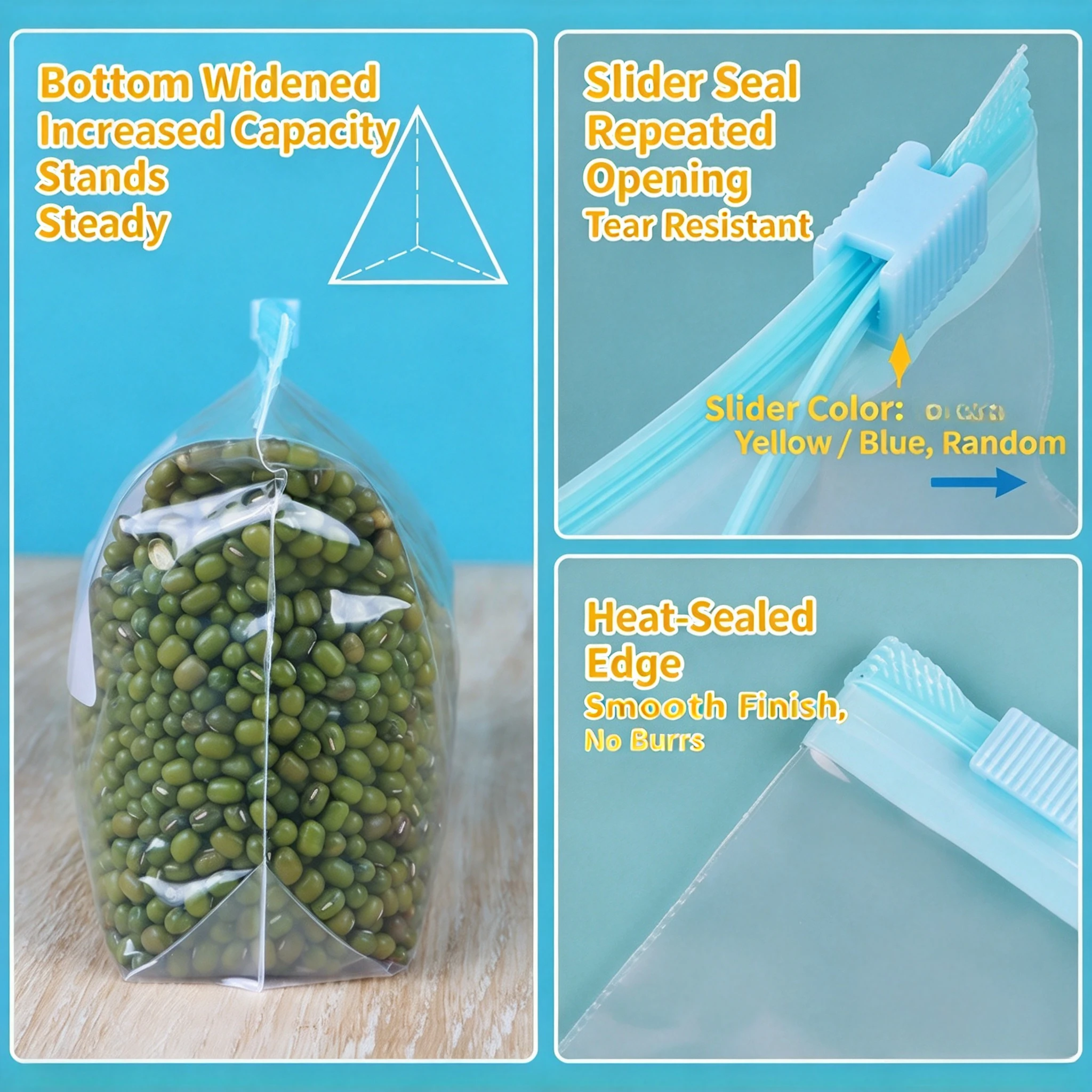 3 Sizes Zip Lock Food Storage Bags, Wide Bottom,Thick Freezer Bags For Fridge, Microwave Safe, Reusable, Suitable For Organizing