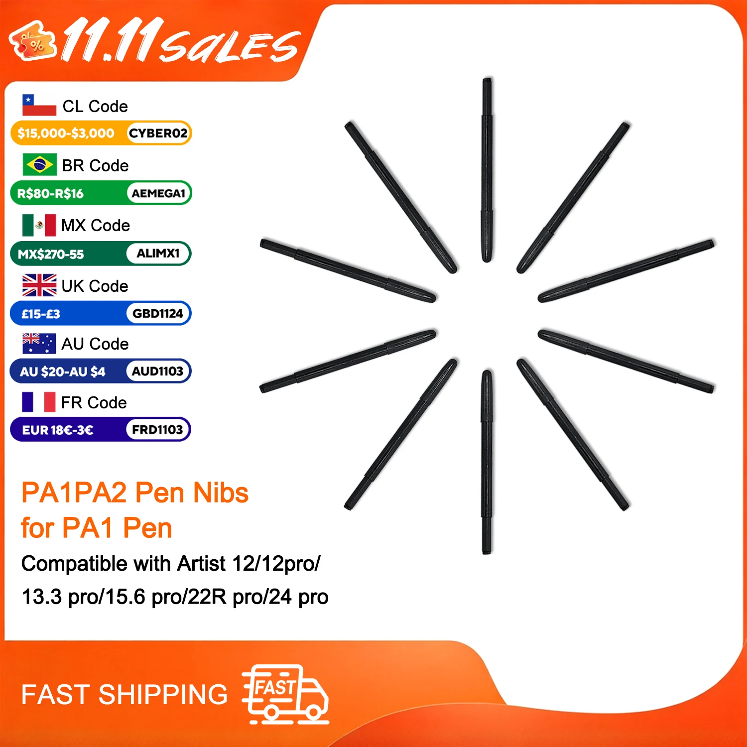 PA1/PA2 Passive Pen Replacement Nibs for XPPen Deco, Artist 12, Artist 13.3,Artist 15.6,Artitst 22R,Artist 24 Pro Drawing Tablet