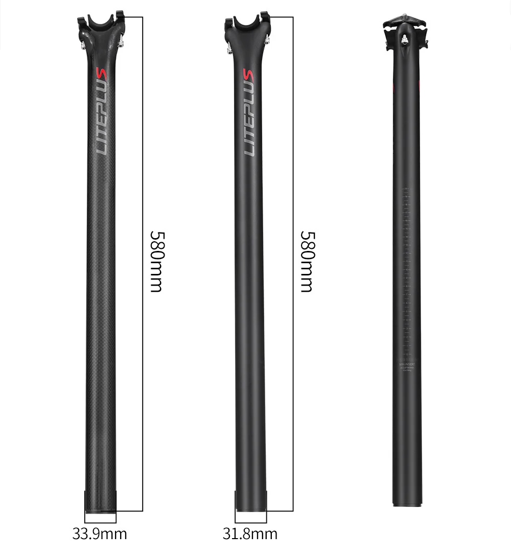 LITEPLUS Carbonfaser-Sattelstütze 33,9mm/31,8mm X 580mm für Brompton Dahon Faltrad, Glänzende & Matte Schwarze Sattelstütze, Ultraleicht – Detail 2