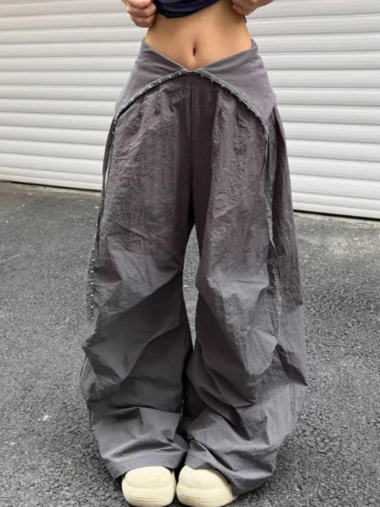 HOUZHOU Vintage Letter Women Cargo Pants Wide Leg Hip Hop American Style Parachute Pants Loose Grunge Trousers Streetwear Casual