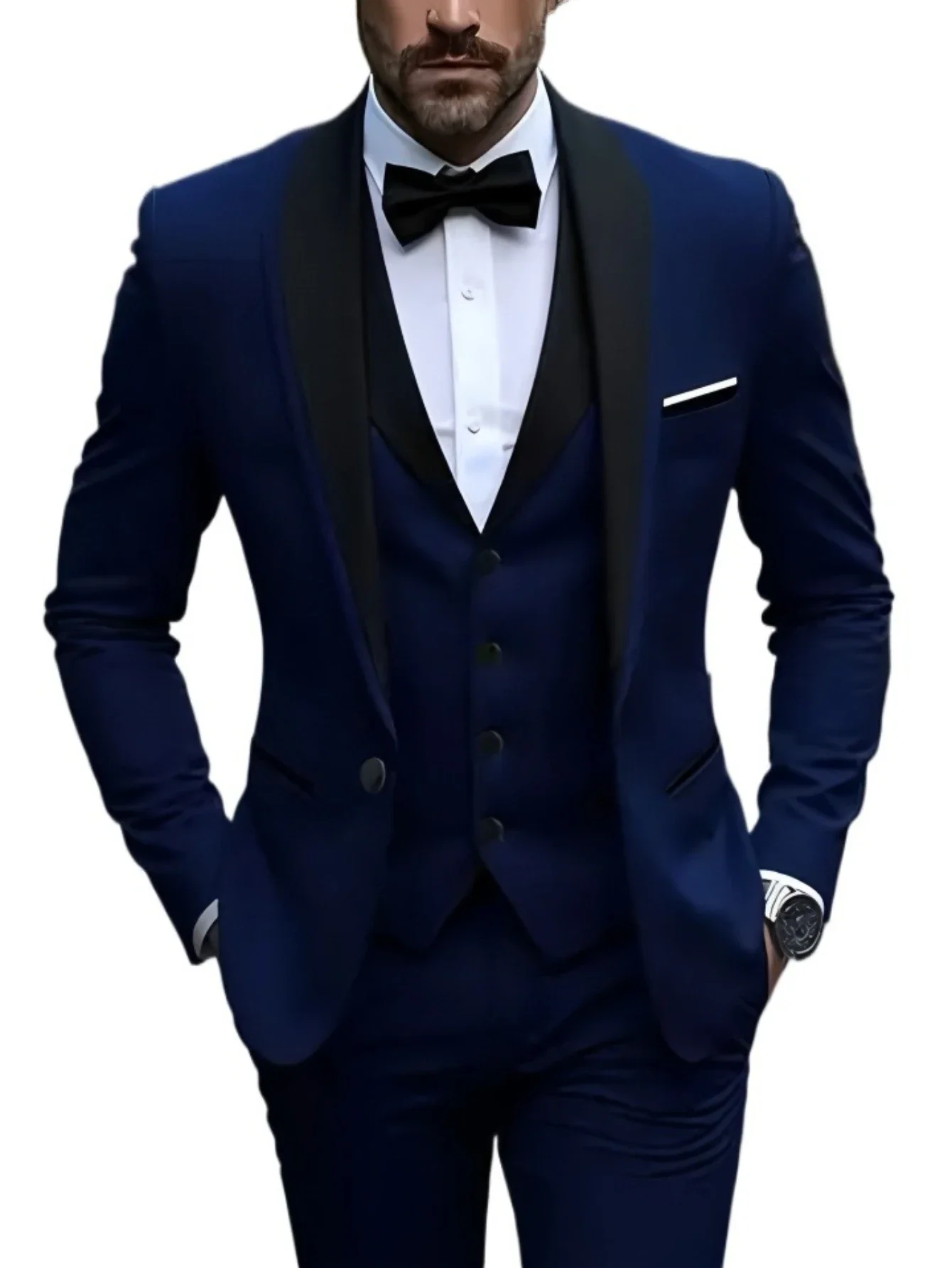 بدلة رجالي بفتحة بيضاء مكونة من 3 قطع شال أسود وطية صدر السترة بدلة العريس غير رسمية لحفلات الزفاف بدلات رجالية 2025 (سترة + سترة + بنطلون)