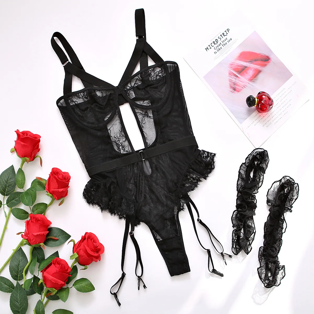 Sexy Crotchless Lingerie Women Lace Hollow Bodysuit Erotic Pajamas Teddy Babydoll Dress Deep V Open Bra Porn Underwear Set