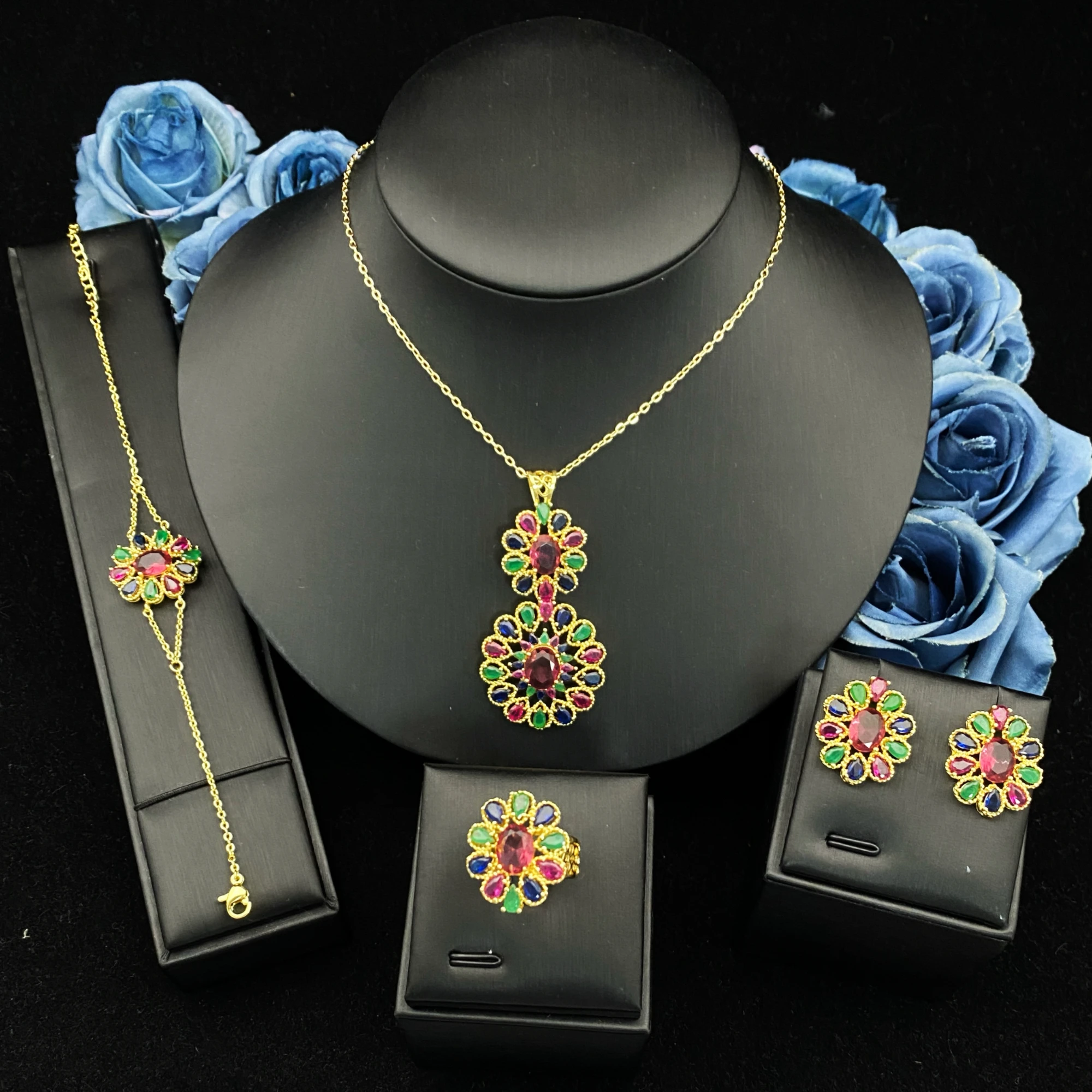 

JRH Simulated Zircon Gold-Plated Copper Jewelry Set for Women Elegant Outfit Essentials with Bracelet Ring Necklace Earring