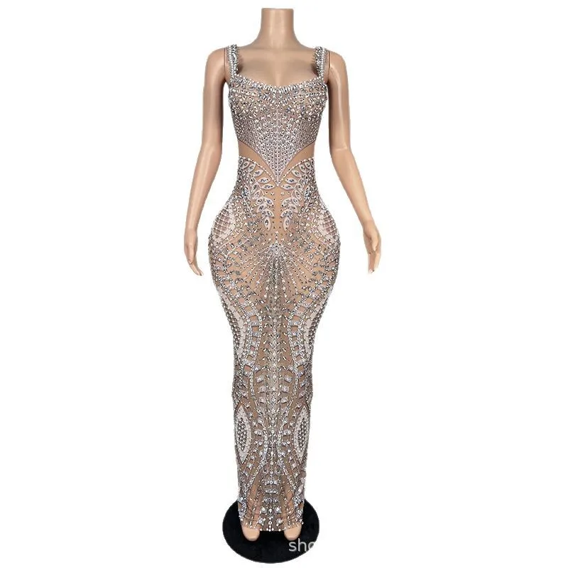 

Высококачественное универсальное длинное платье с низким вырезом на подтяжках серебристого цвета телесного цвета, вечернее платье на день рождения, вечернее платье для ежегодного собрания компании Vestito