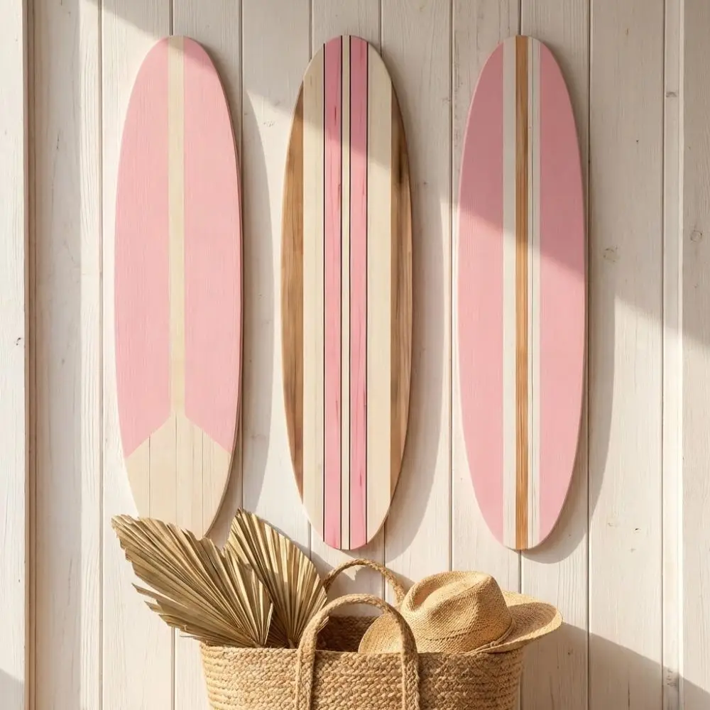 3PCS Summer Theme Surfboard Wall Hanging Ocean with Hook Wooden Surfboard Ornament Striped Pattern Hawaiian Style