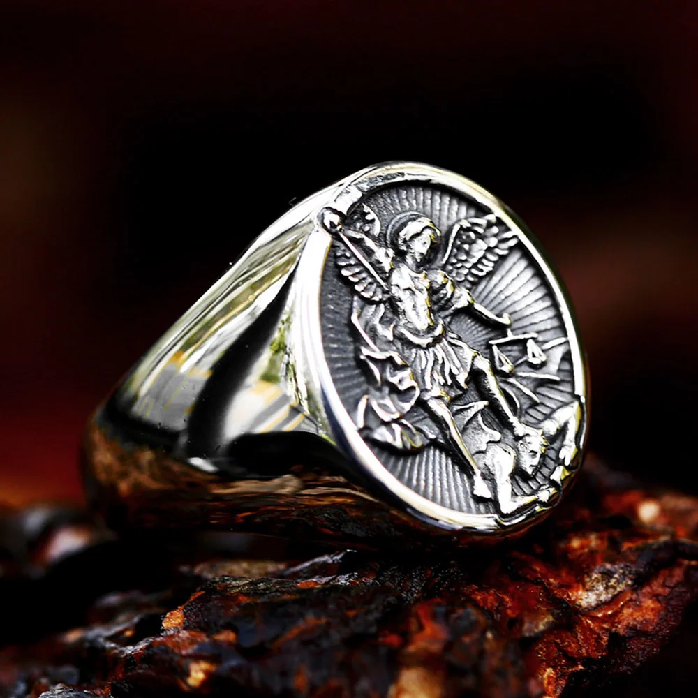 Catholic Stainless Steel Angel Michael Ring For Men Women Fashion Punk Knight Saint Michael Rings Religious Amulet Jewelry Gift