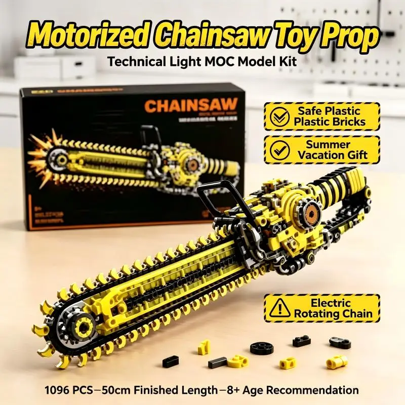 New Motorized Chainsaw Prop Building Block, Light-Up Technical MOC Model Kit, Safe Plastic Bricks, Ideal Gift for Summer Vacatio