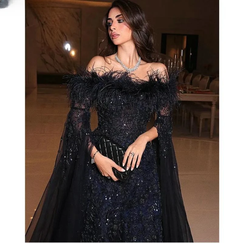 Dark Navy Crystal Beading Feathers Dubai A-Line Evening Dresses Off The Shoulder Ribbons Formal Party Wear Gown