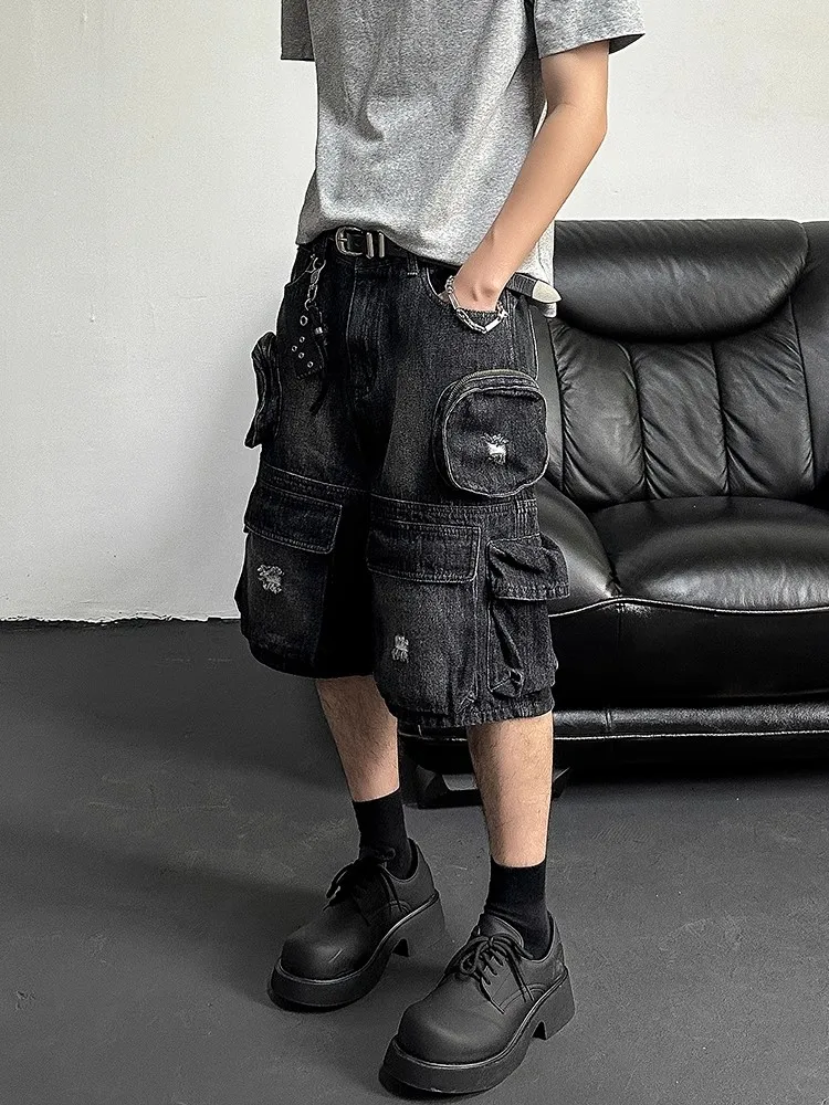 

Retro American Denim orts with Multiple kets for Men And Women Punk Sle Five-Point Jeans Workwear with Hole Waed out
