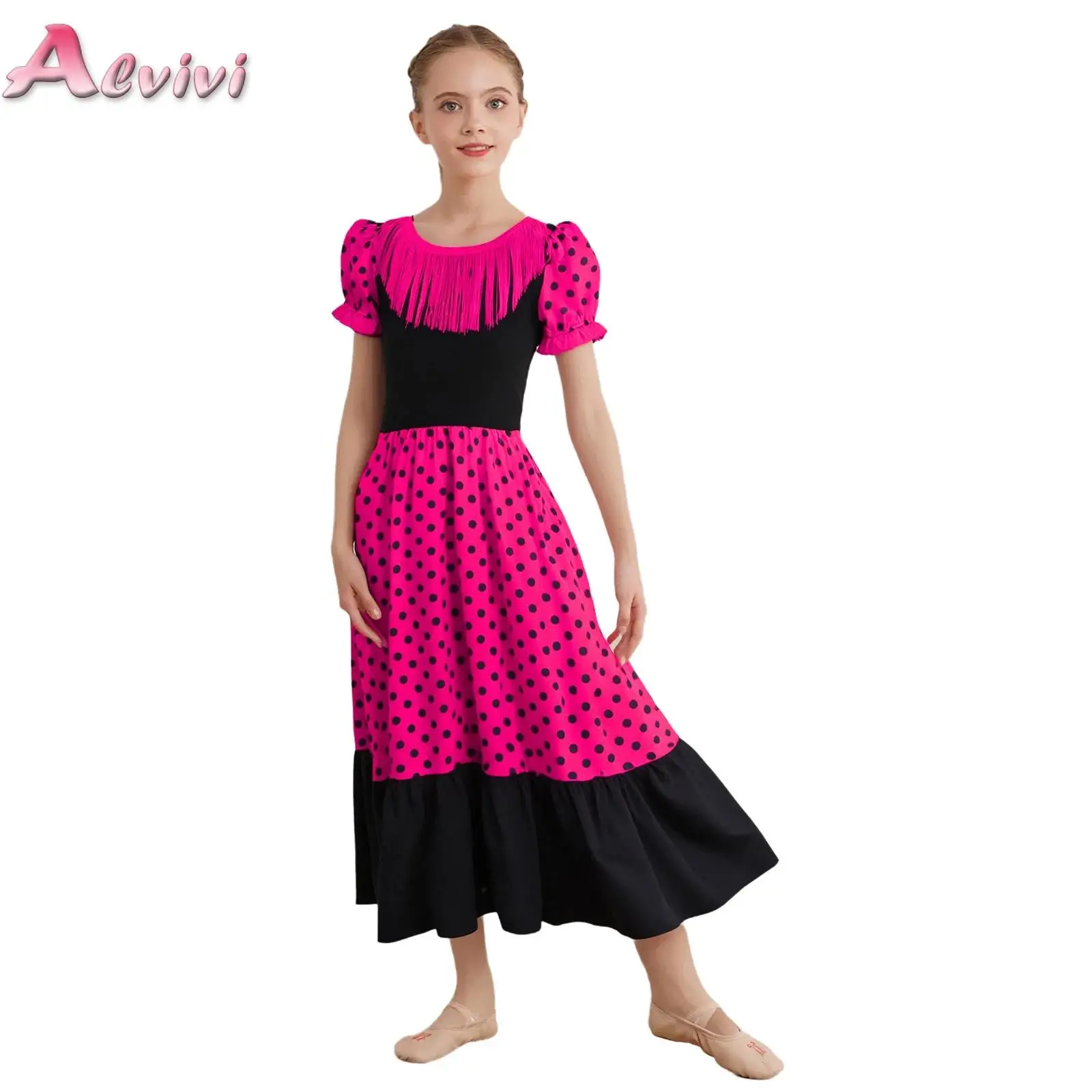 Vestido flamenco espanhol infantil, roupa de dança longa vermelha para salão de baile, estilo cigano, trajes de corrida de torre, roupas de halloween