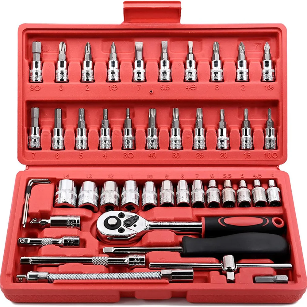 Socket Wrench Set Motorcycle Car Repair Tool Repair Ratchet Screwdriver Combination Household DIY Mechanical Tool Box 46Pcs/Set