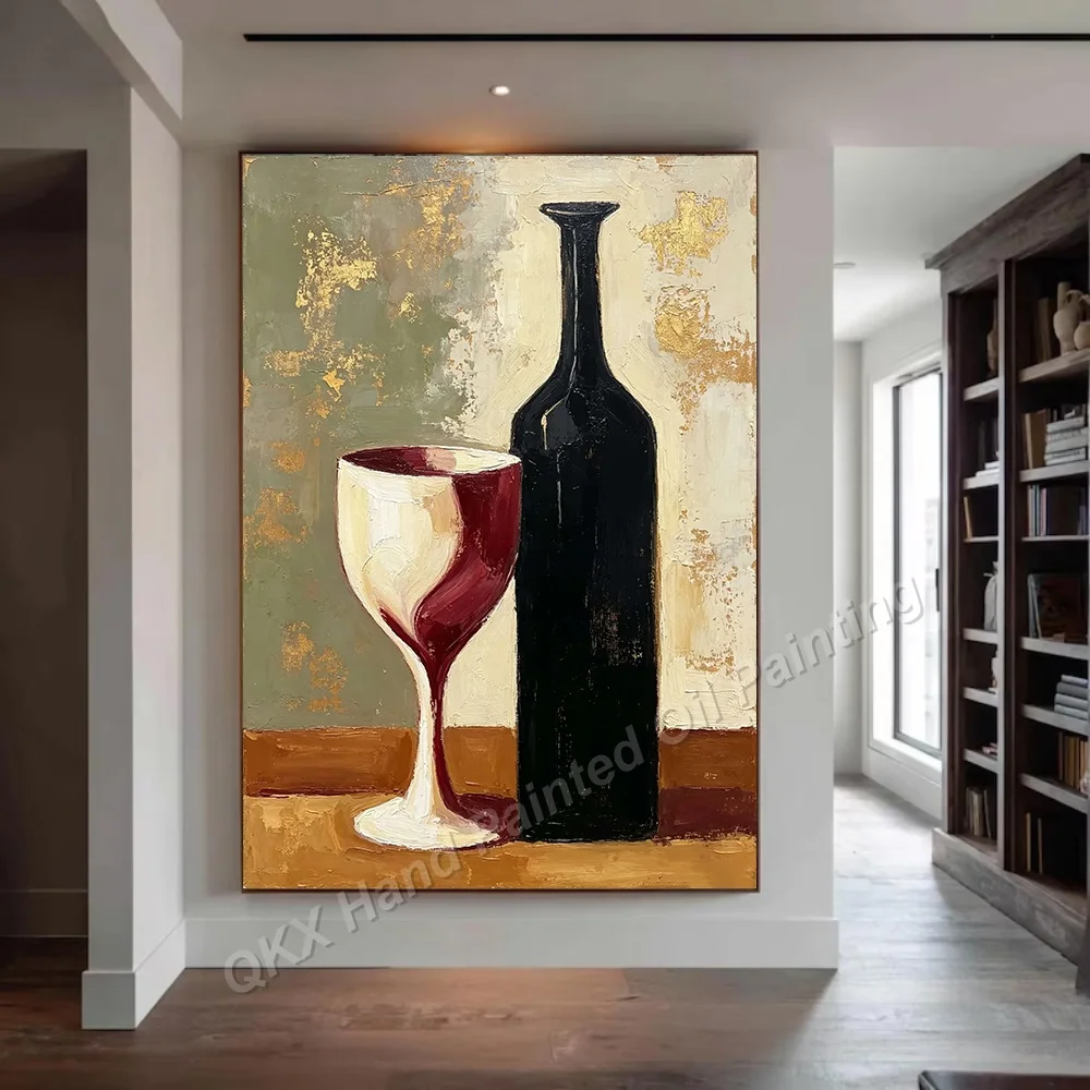 100% Handmade Abstract Oil Painting Original Wall Art Large For Home Living Room Decor, Wine Bottle Goblet Still Life Canvas Art