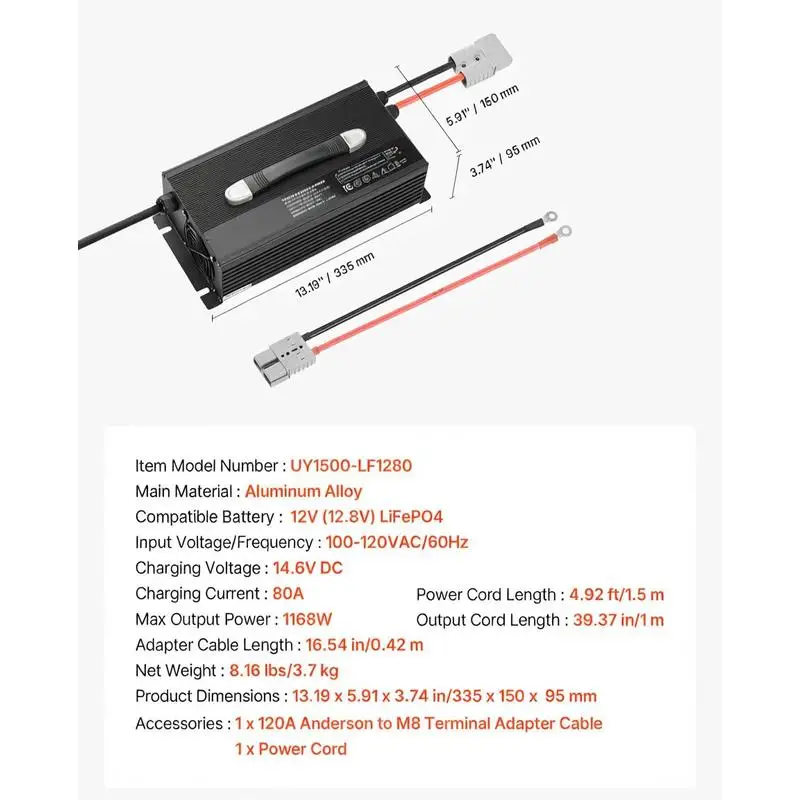 12V 80A Lithium Battery Charger, 14.6V, AC-DC LiFePO4 Smart Charger, with Anderson Connector, LED Indicator, 0V Activation, for Lithium LiFePO4 Deep Cycle Rechargeable Batteries of Boat, RV view 2