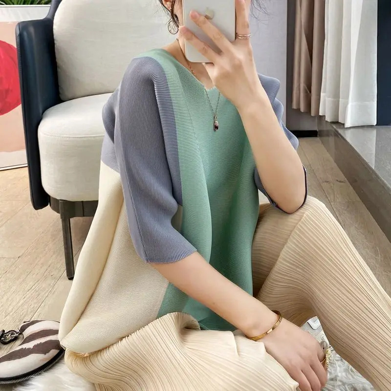 Casual T Shirt 2023 Wrinkle Age Reducing 3/4 Sleeve Top Women Spring/Summer Loose O Neck Relaxed Color Matching T-shirt Female