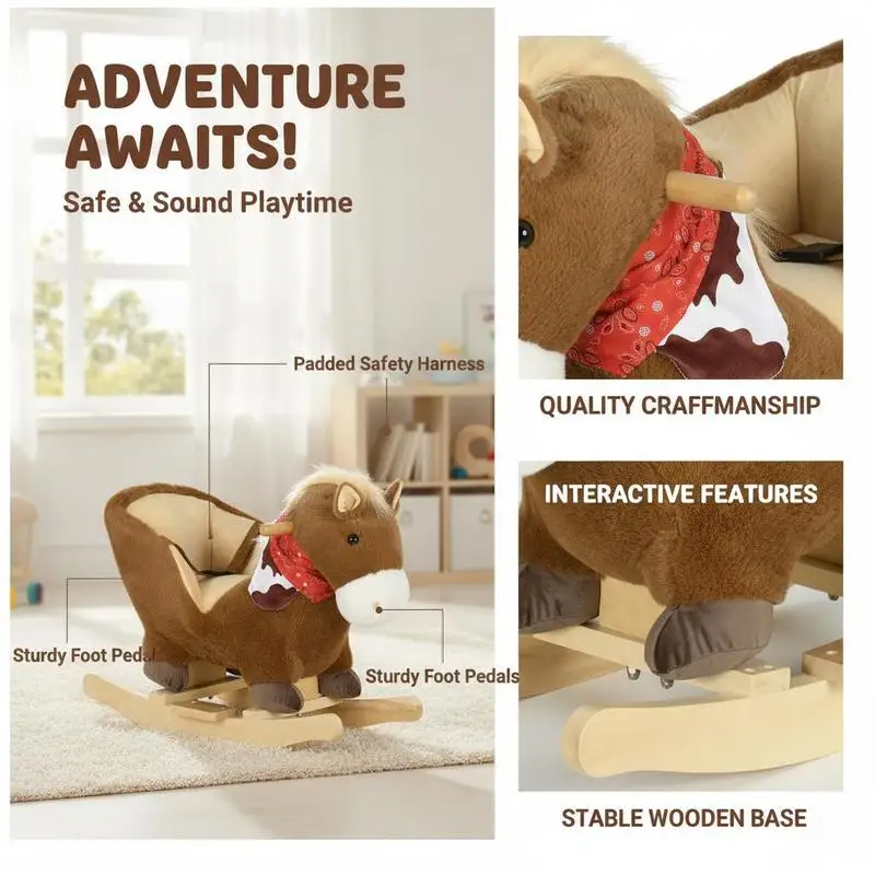 Rocking horse, rocking animal, integrated seat, safety belt, sound function, neighing, 18-36 months, brown view 2