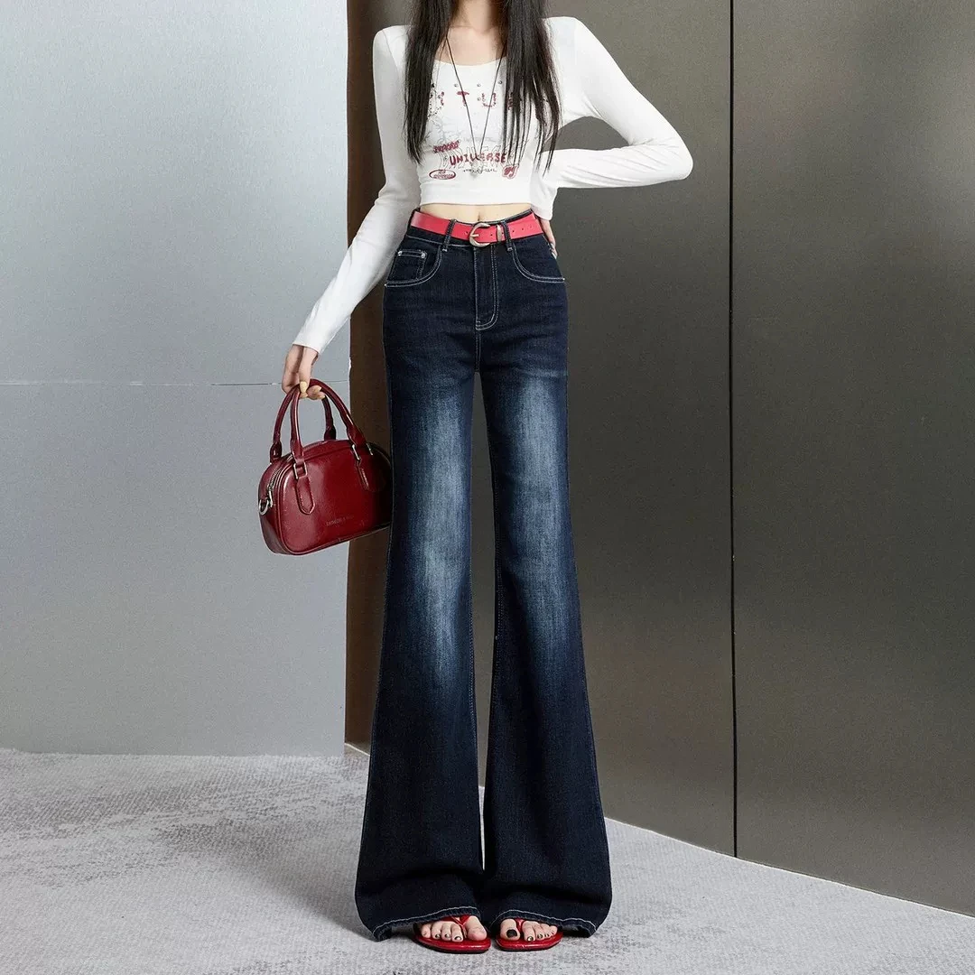 American Deep Blue Non-Fitting Micro Flared Denim Jeans Women Early Autumn High Waist Slimming Elastic Small Size Flared Pants