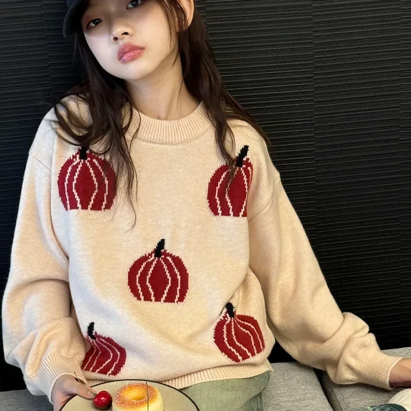 

Girls Sweater Red Jacquard Design Kids Red Christmas New Year Knitted Tops Casual All-match Children Clothes Teen Pullover 6 8 Y