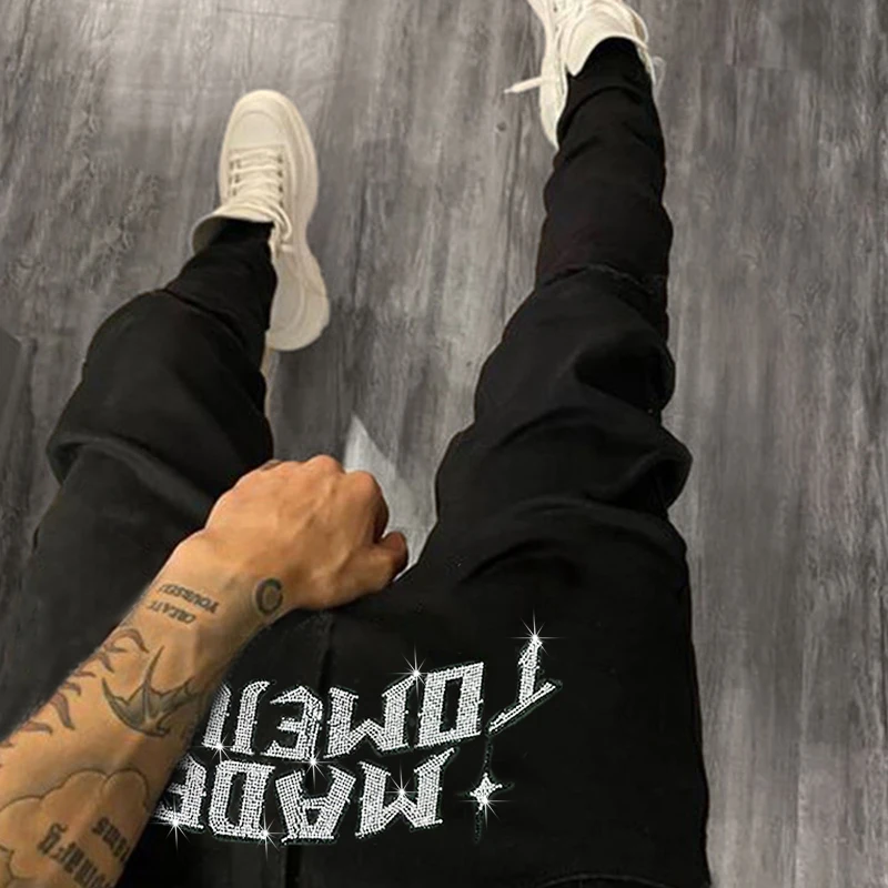 Mens Clothing Black Stretch Hole Jeans Slim Fit Letter Rhinestone Streetwear Punk Trousers Fashion Man Denim Pencil Pants Y2k
