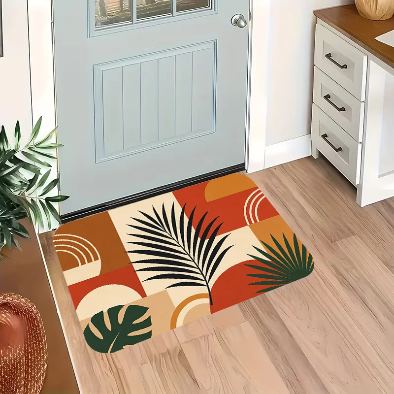 Mid Century Palm Leaf Geometric Block Non Slip Doormat Boho Retro Tropical Front Entrance Rug Indoor Outdoor Home Floor Decor