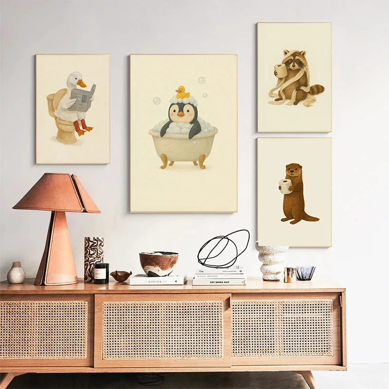 Funny Animal Bathroom Canvas Painting Cute Elephant Flamingo Frog Wall Art Retro Vintage Home Decor Funny Toilet Poster Unframed